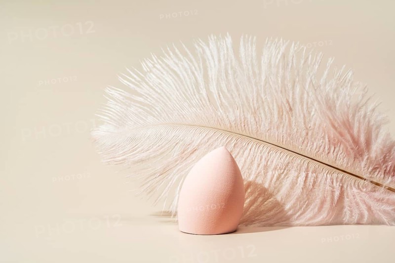 A soft pink cosmetic sponge elegantly paired with a delicate feather on a beige background The composition highlights beauty and softness, ideal for skincare themes