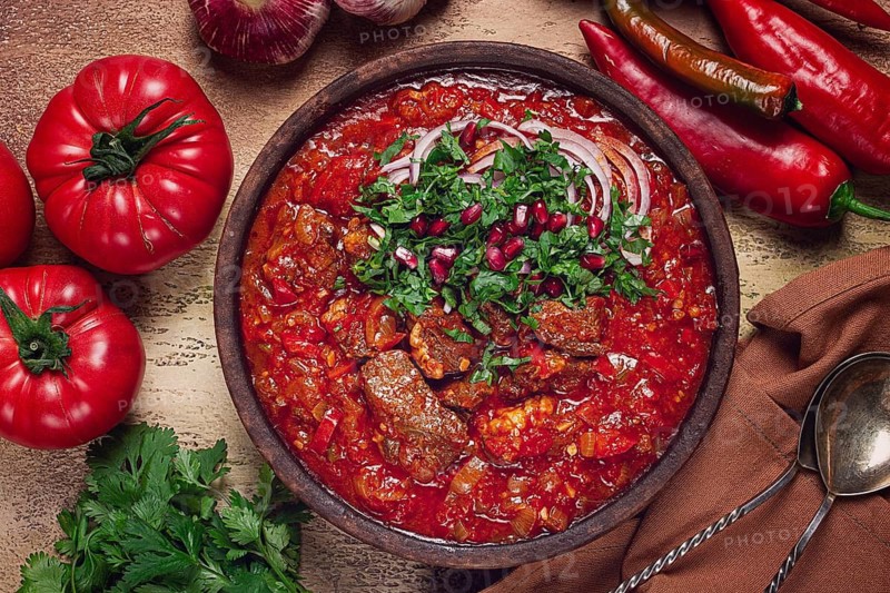 Chashushuli, a traditional Georgian dish, spicy, stewed meat with tomatoes and spices, homemade, no people