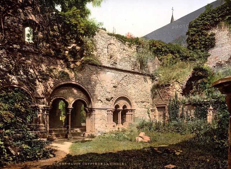 Virgin's Crypt in St Bavo's Abbey, an abbey in the Flemish city of Ghent near the confluence of the Leie and Scheldt rivers, Belgium, ca 1895, Historical, digitally restored reproduction from a 19th century original, Record date not stated