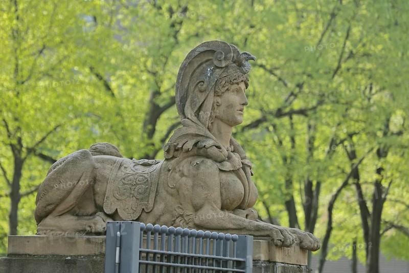 Sphinx in front of the water tower, stone sculpture, Friedrichplatz, Mannheim, Hesse, Germany