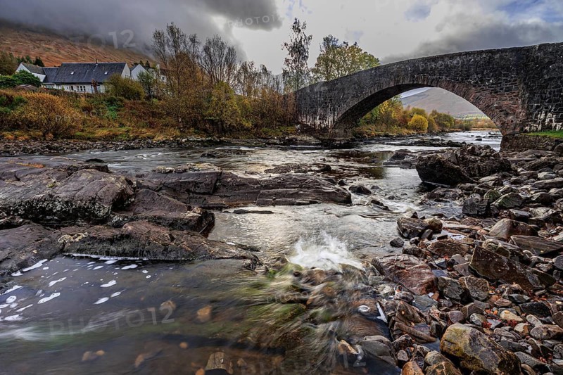 Wild river, rapids, stone bridge, old, houses, autumn, clouds, Bridge of Orchy, Scottish Highlands, Scotland, Great Britain