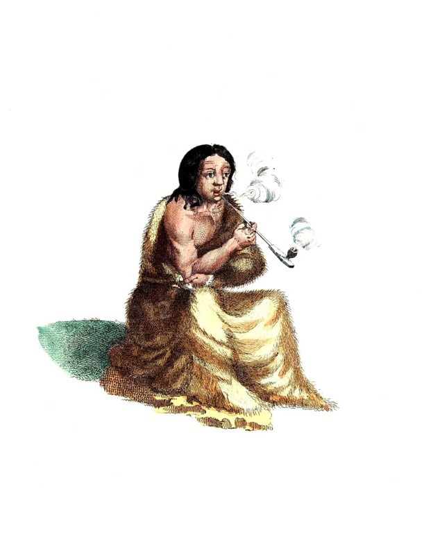 Historical clothing, fashion over time, traditional costume of a mountain Indian near Hudson Bay, 18th century, America, digitally restored reproduction of an 18th/19th century original, exact date unknown, seated man smoking a pipe, in yellow traditional clothing, relaxed