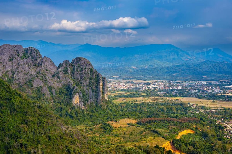 Panorama of Vang Vieng and the Kart landscape from Pha Ngern View Point, Vientiane Province, Laos
