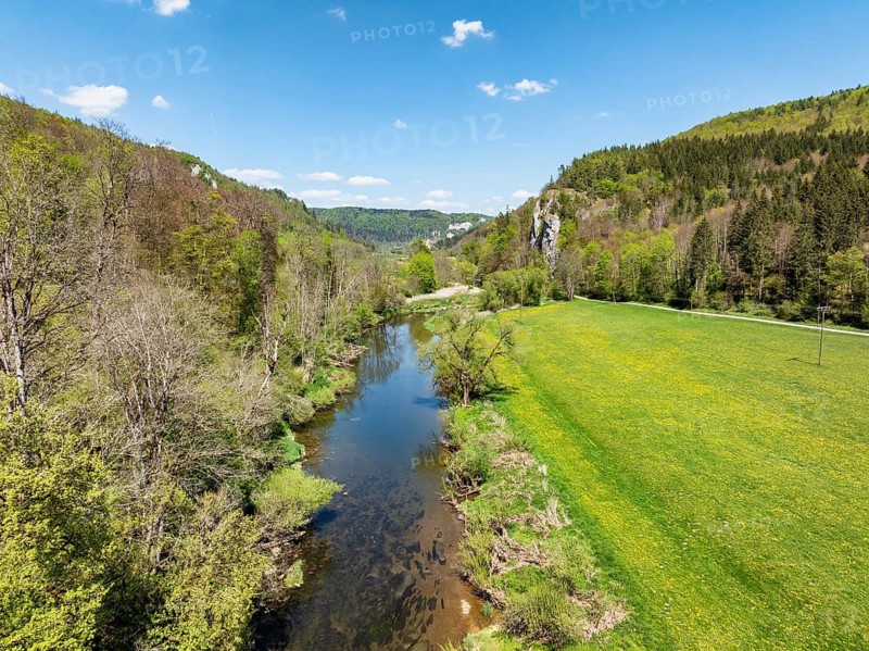 Aerial view, upper Danube valley, Beuron monastery on the horizon, Tuttlingen district, Baden-Württemberg, Germany