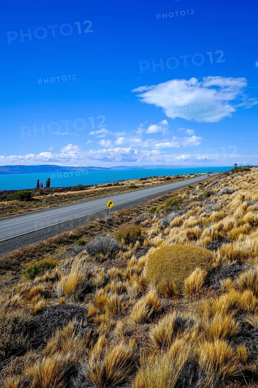 El Calafate, Patagonia, Argentina, R11 country road with little traffic along Lago Argentino, the largest lake in Argentina