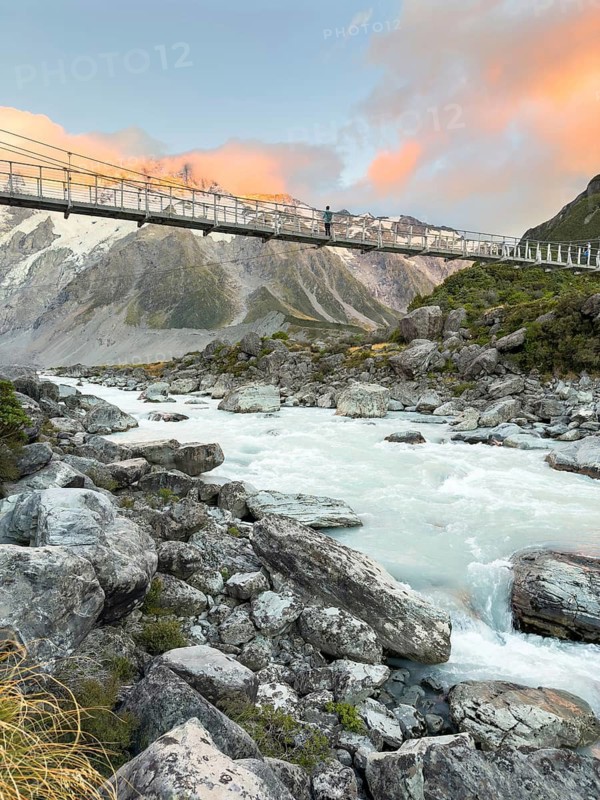 Suspension bridge on the Hooker Valley Track hiking trail, Mount Cook National Park, South Island, New Zealand, Oceania