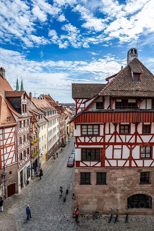 Albrecht Dürer House and Albrecht Dürer Street with half-timbered houses, Old Town, Nuremberg, Middle Franconia, Bavaria, Germany