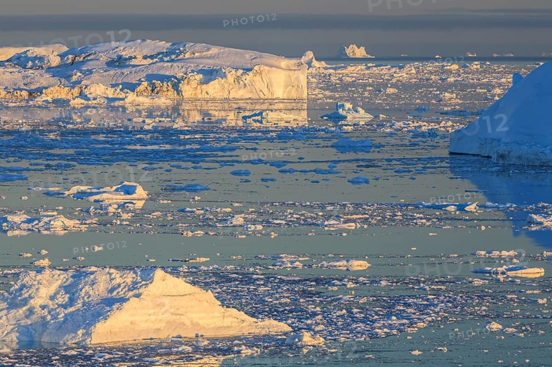 Icebergs and ice floes reflected in the water, summer, midnight sun, Jakobshavn glacier and ice fjord, Ilulissat Kangerlua, Disko Bay, West Greenland, Greenland