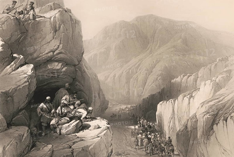 Siri-Kajaur Pass, Baluchistan, Pakistan, First Anglo-Afghan War, sketch by James Atkinson, 1840