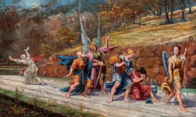 Lot's escape from Sodom, biblical story, painting by Jean-Baptiste Cariven (1843 to 1904, French painter), reproduction of a 19th century painting, digitally restored, historical