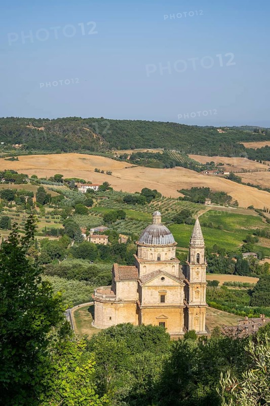 Typical Tuscan landscape, Montepulciano village with San Biagio Renaissance Church in autumn, architect Antonio da Sangallo, Montepulciano, Tuscany, Italy