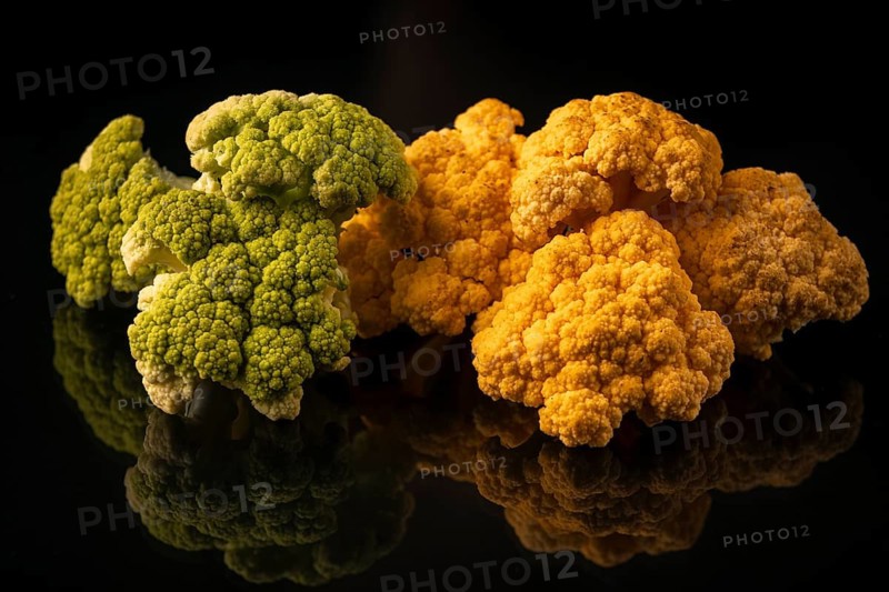 Yellow and green cauliflower on black background with reflection