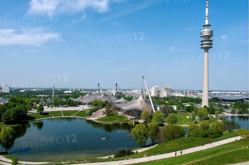 View from the Olympiaberg to the Olympic Lake, Olympic Tower, Olympic Hall, Olympic Swimming Pool, Olympic Park, Munich, Bavaria, Germany