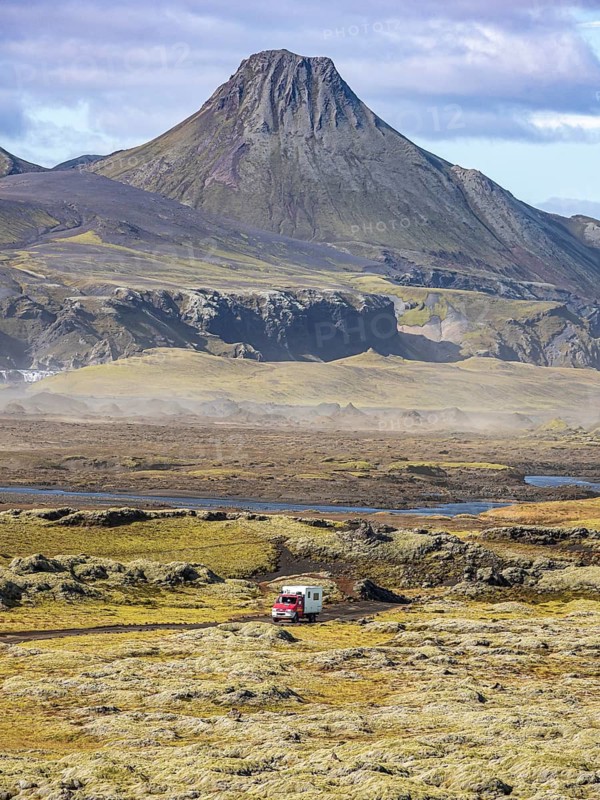 Skafta river and Uxatindar mountain range, camper van on road F206, Laki tourist road, Iceland