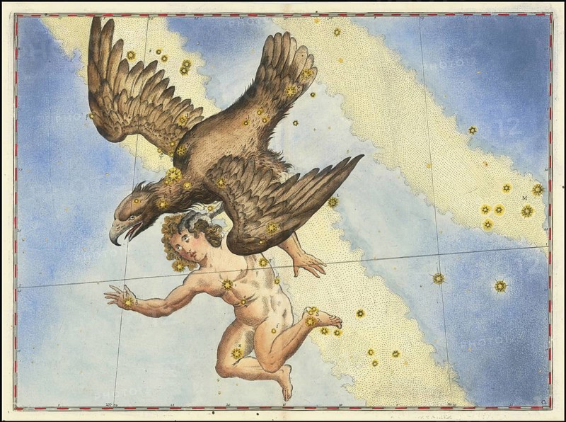 Astronomy. The celestial atlas, the Uranometria, Ptolemaic constellations, by Johann Bayer (1572 - 7 March 1625), German astronomer, Aquila, eagle, prominent constellation of the northern summer and autumn sky, digitally enhanced reproduction of a historical model