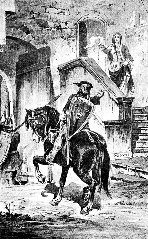 Pictures from the life of a soldier, the troubadour takes his leave and goes into battle, artist, horseman, young castle lady with white cloth, waving, castle gate open, historical illustration 1890