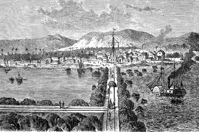 The harbour of St. Pierre on Reunion Island in 1880, Historical, digital reproduction of an original from the 19th century