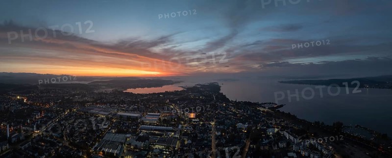 Aerial view, panorama of the town of Radolfzell on Lake Constance in front of sunrise, district of Constance, Baden-Württemberg, Germany