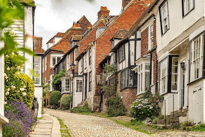 Mermaid Street with cobblestones in the old town centre of Rye, East Sussex, England, Great Britain
