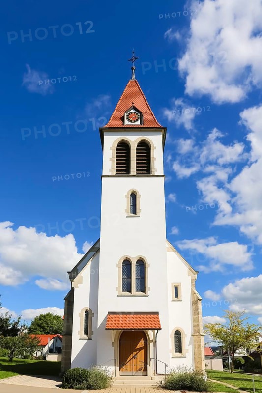 Evangelical Lutheran Church, St Paul's Church, church, sacred building, church tower, clock, Stockach, municipality of Gomaringen, district of Tübingen, Baden-Württemberg, Germany