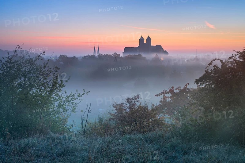 View of the Schlossberg with St. Servatius collegiate church at dawn in fog and sunrise, UNESCO World Heritage Site, Quedlinburg, Saxony-Anhalt, Germany