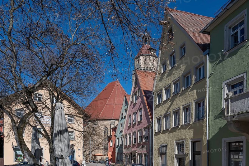 Historic house gables and the tower of St Andrew's Church, Weißenburg, Middle Franconia, Bavaria, Germany