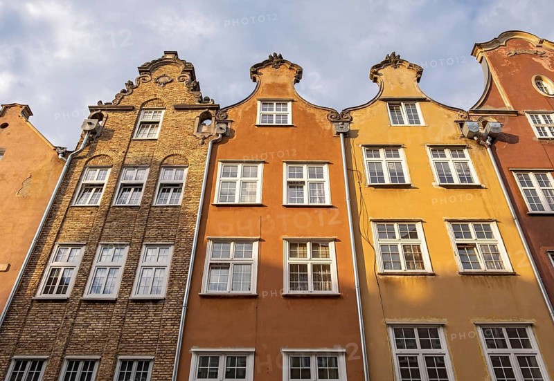 Close-up of facades of townhouses on Piwna street, Gdansk, Gdansk, Poland