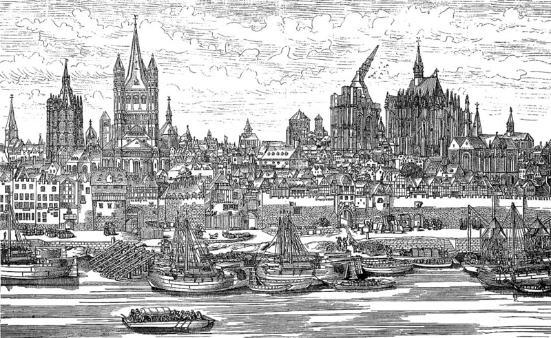View of Cologne, North Rhine-Westphalia, in 1531, with construction site of Cologne Cathedral, Germany, Historical, digital reproduction of an original from the 19th century