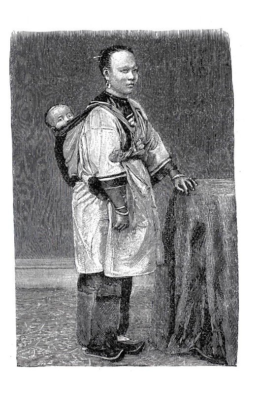 Woman in China from the common people, around 1896, illustration, reproduction from a model from the 19th century. Authentic, file restored for optimal use, exact date of submission unknown, Historical, a woman carrying a baby on her back, both shown in traditional clothing