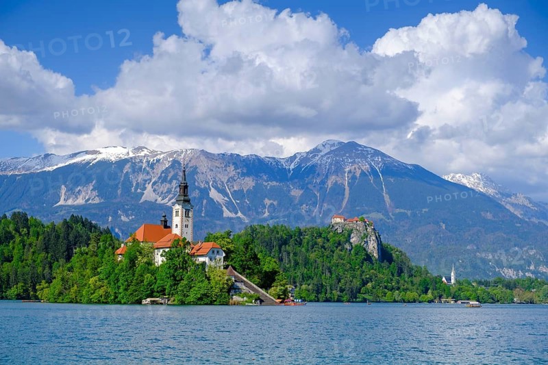 Blejski Otok island with St. Mary's Church, Bled, Lake Bled, Slovenia