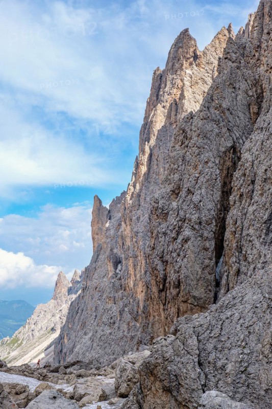Rock face in a extreme rocky terrain in the Langkofel Group mountains in the dolomites mountains, Val Gardena, Italy