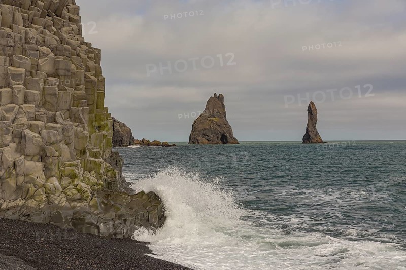 Reynisfjara Beach with Basalt rocks and the rock needles, close to Vik i Myrdal, South Iceland