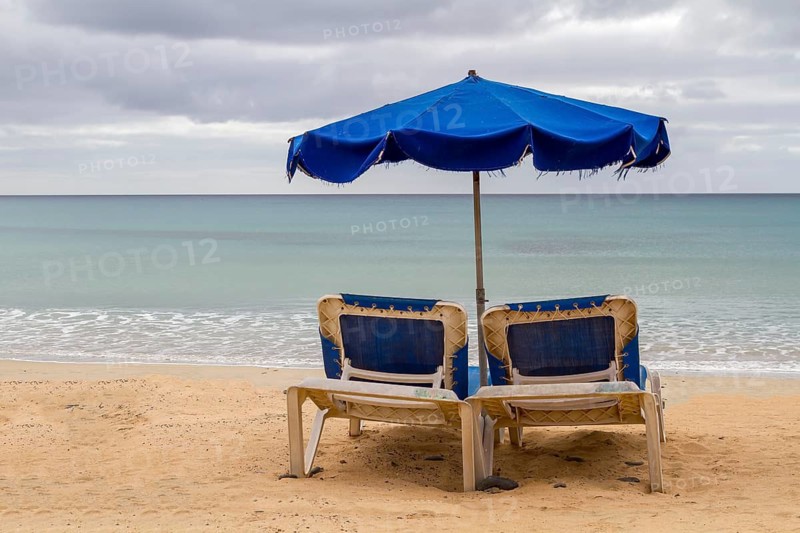 Beach with parasol and sun loungers, Playa Barca, Costa Calma, Fuerteventura, Canary Island, Spain