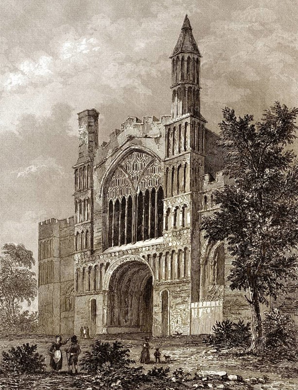 Westfassade der Kathedrale von Rochester, einer englischen Kirche im normannischen Stil in Rochester, Medway, England, 18.