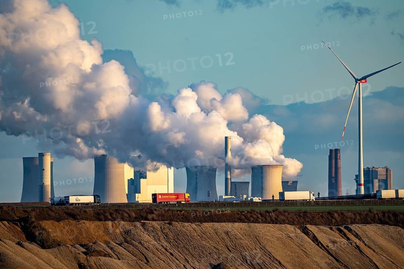 Garzweiler 2 opencast lignite mine, Neurath lignite-fired power plant, wind turbine, traffic on the A44 motorway, North Rhine-Westphalia, Germany