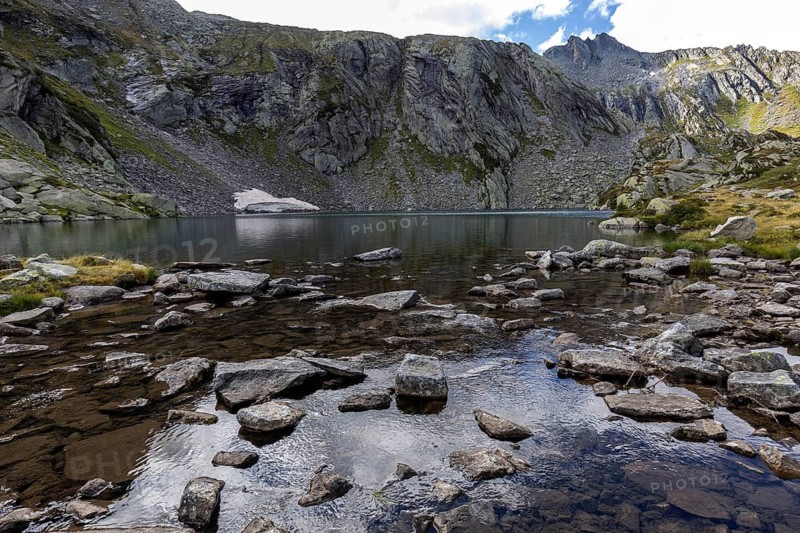 Lake Sassolo, Lago di Sassolo, behind Ticino mountains, Sambuco valley, Vale Sambuco, near Fusio, Lavizzara, Canton Ticino, Switzerland