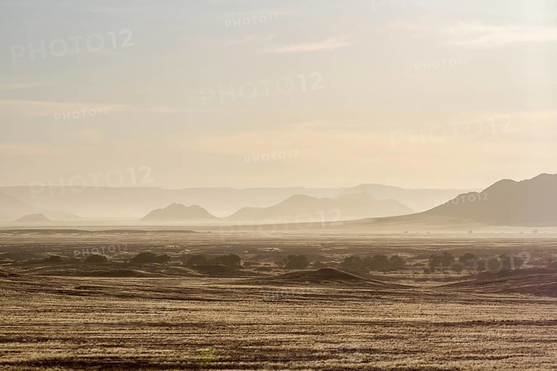 Rolling hills and mist under morning light in a vast desert landscape, Sossusvlei landscape, Namibia