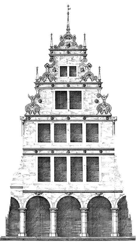 Historical architectural illustration from the 19th Century, 1881, German Renaissance style, 16th century, Gabled town house on Prinzipalmarkt square, Muenster, North Rhine-Westphalia, Germany, Europe, Deutsche Renaissance, Architektur-Zeichnung, historische Hausfassaden um 1880, Bürgerhaus am Prinzipalmarkt, Münster, Nordrhein-Westfalen, Deutschland, Europa