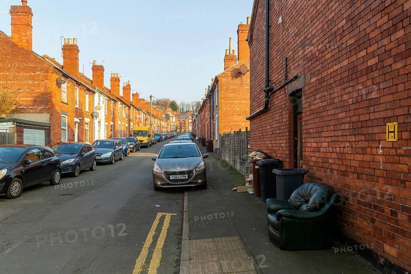 Victorian terraced housing with no front gardens, Grafton Street, inner city of Lincoln, Lincolnshire, England, UK
