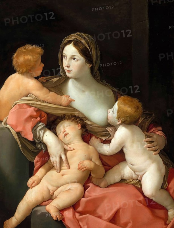 Painting, Reproduction of the painting, Work of art, Historical, Guido Reni, called il Guido or il divino Guido (born 4 November 1575 in Bologna, died 18 August 1642) Italian painter, fresco artist and etcher of the Bolognese school, main representative of a baroque classicism in painting, here the work:, Charity, Charity, Scene of a young woman with three children, gentle expression, Renaissance style