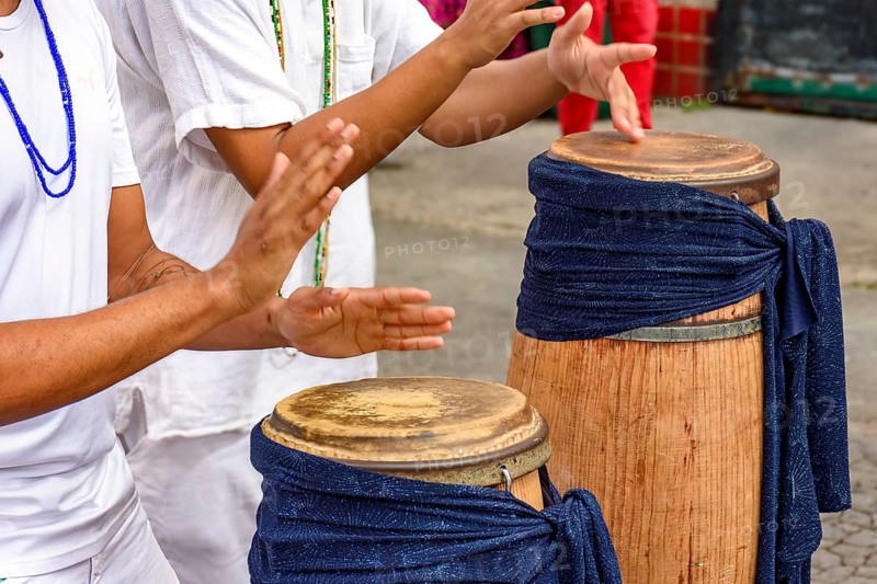 Atabaque, a traditional African drums being played on the streets of Brazil during Umbanda festivities