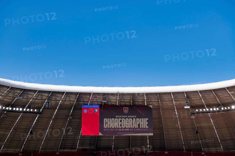 Scoreboard, information for spectators for choreo choreography for the 125th anniversary of FC Bayern Munich FCB, sky, Allianz Arena, Munich, Bavaria, Germany