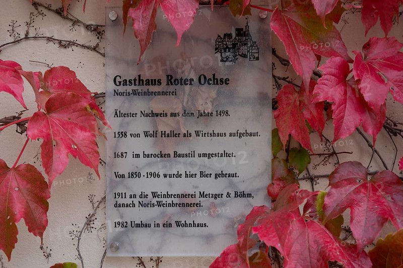 Information board at the former Roter Ochse inn, Nuremberg-Mögeldorf, Middle Franconia, Bavaria, Germany