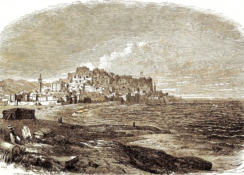 The city of Jaffo or Joppa, today Tel Aviv-Jaffa, Israel, the Acts of the Apostles, chapter 9, New Testament, cityscape, Mediterranean, hill, Bible, historical illustration 1850