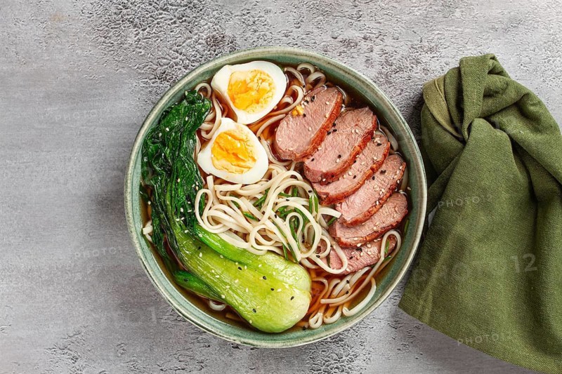 Ramen soup with duck and noodles, with eggs and bok choy, homemade, no people
