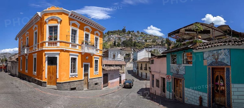 Old Town in Quito, Ecuador. Colonial colorful scenic historic city center streets