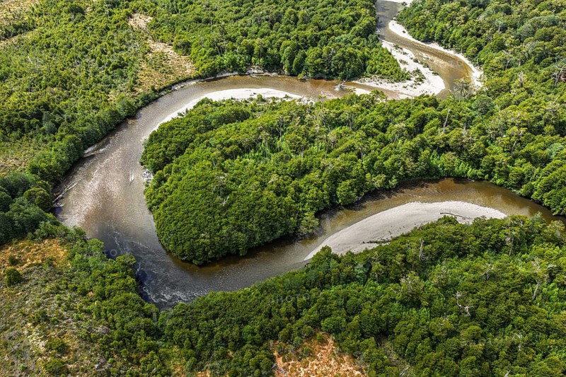 A meander of the Rio Bravo River, north of Villa O' Higgins, road X-91, aerial view, Patagonia, Chile