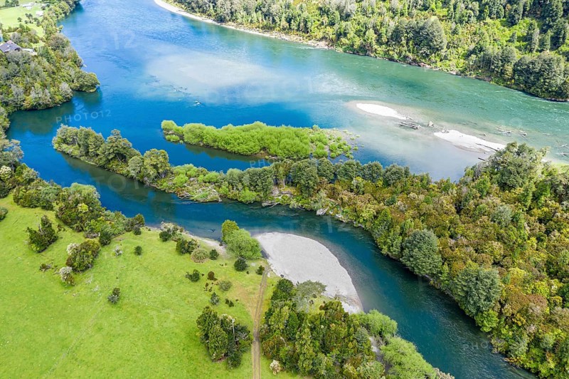 Aerial view of river Rio Palena between La Junta and Puerto Raul Marin Balmaceda, Patagonia, Chile
