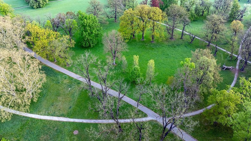 Rosenstein Park in spring with old trees and paths through the landscaped park. Aerial view. Stuttgart, Baden-Württemberg, Germany