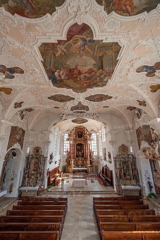 Interior with high altar of the parish church of St. John the Baptist, built in 1475 as a Gothic church, baroqueised from 1732 to 1755, Hiltpoltstein, Middle Franconia, Bavaria, Germany